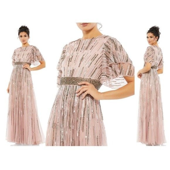 Mac Duggal Embellished Full Length Layered Sleeve Gown Dress Rose Pink SZ 8 NWT - Picture 3 of 13